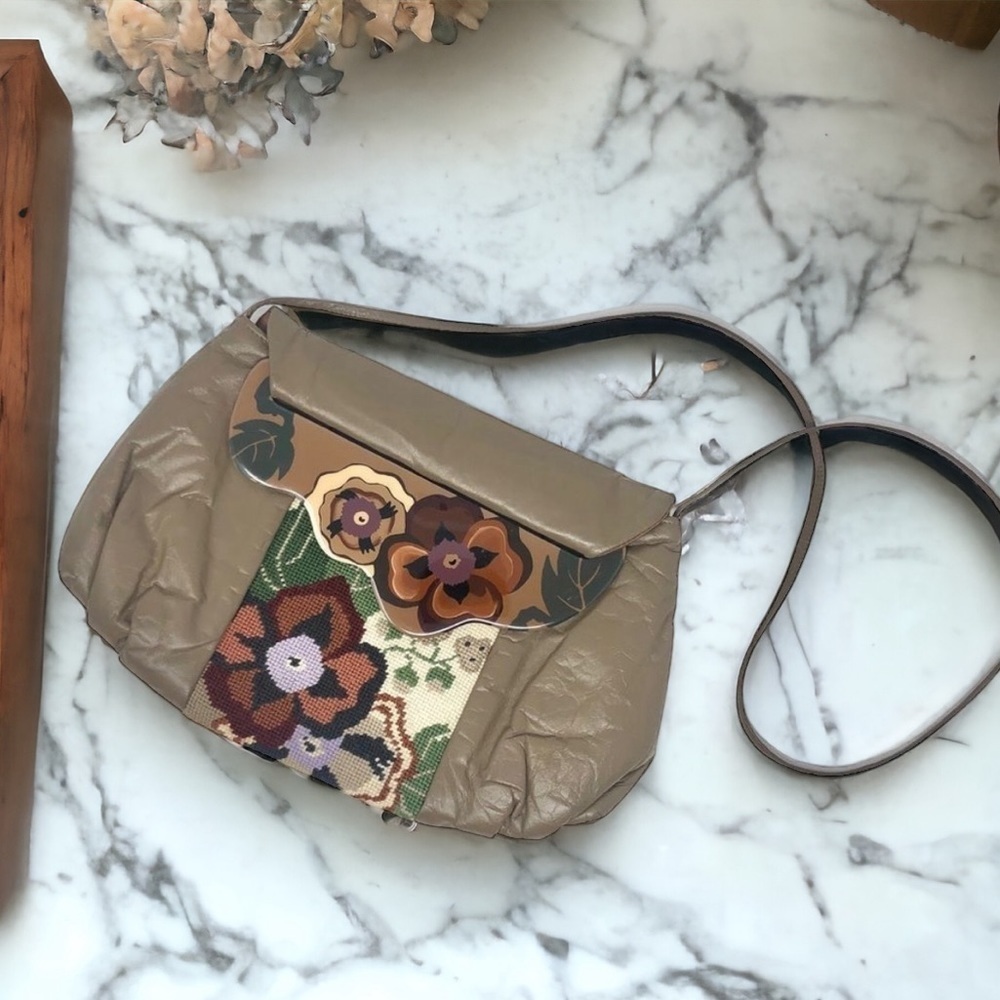 Vintage Moon Bag in Taupe Leather w/ Cross-stitch